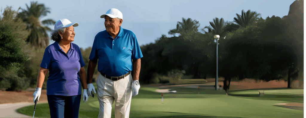 An older woman and a senior man are golfing together