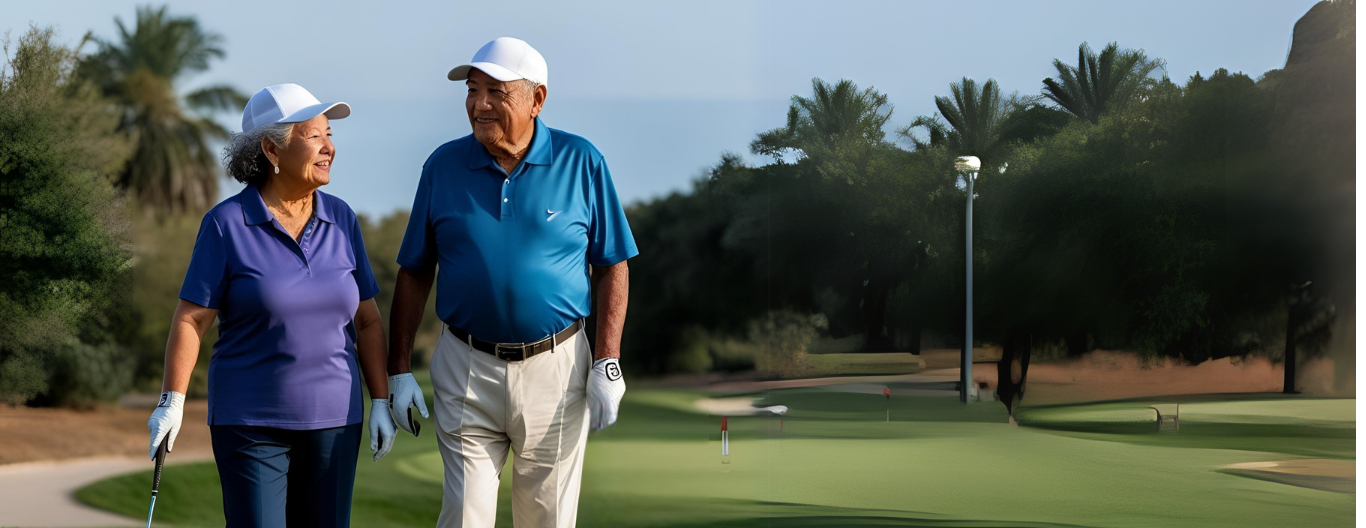 An older woman and a senior man are golfing together